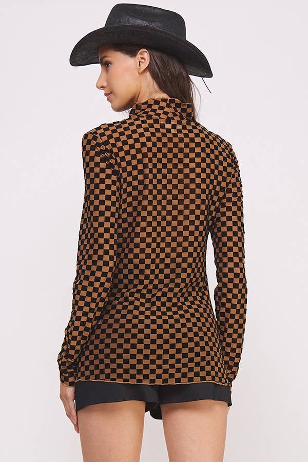 Long Sleeve Checkered Mesh Mock Neck Top