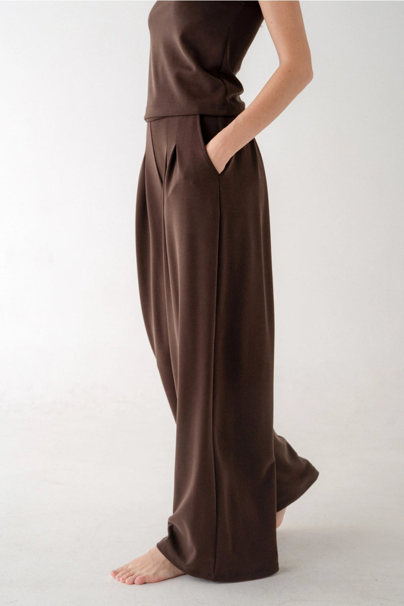 Pleated Wide Leg Casual Pant (Coffee Brown)