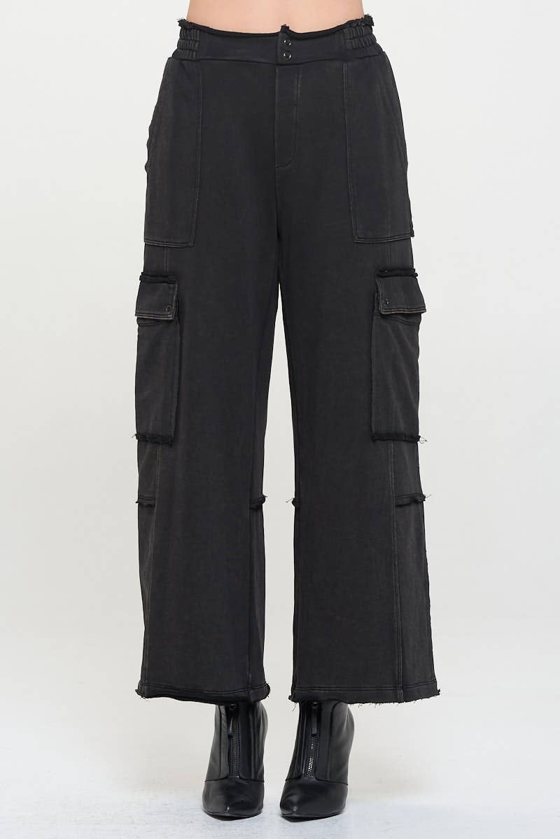 Unfinished Hem High Waisted Cargo Pants