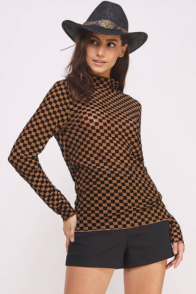 Long Sleeve Checkered Mesh Mock Neck Top