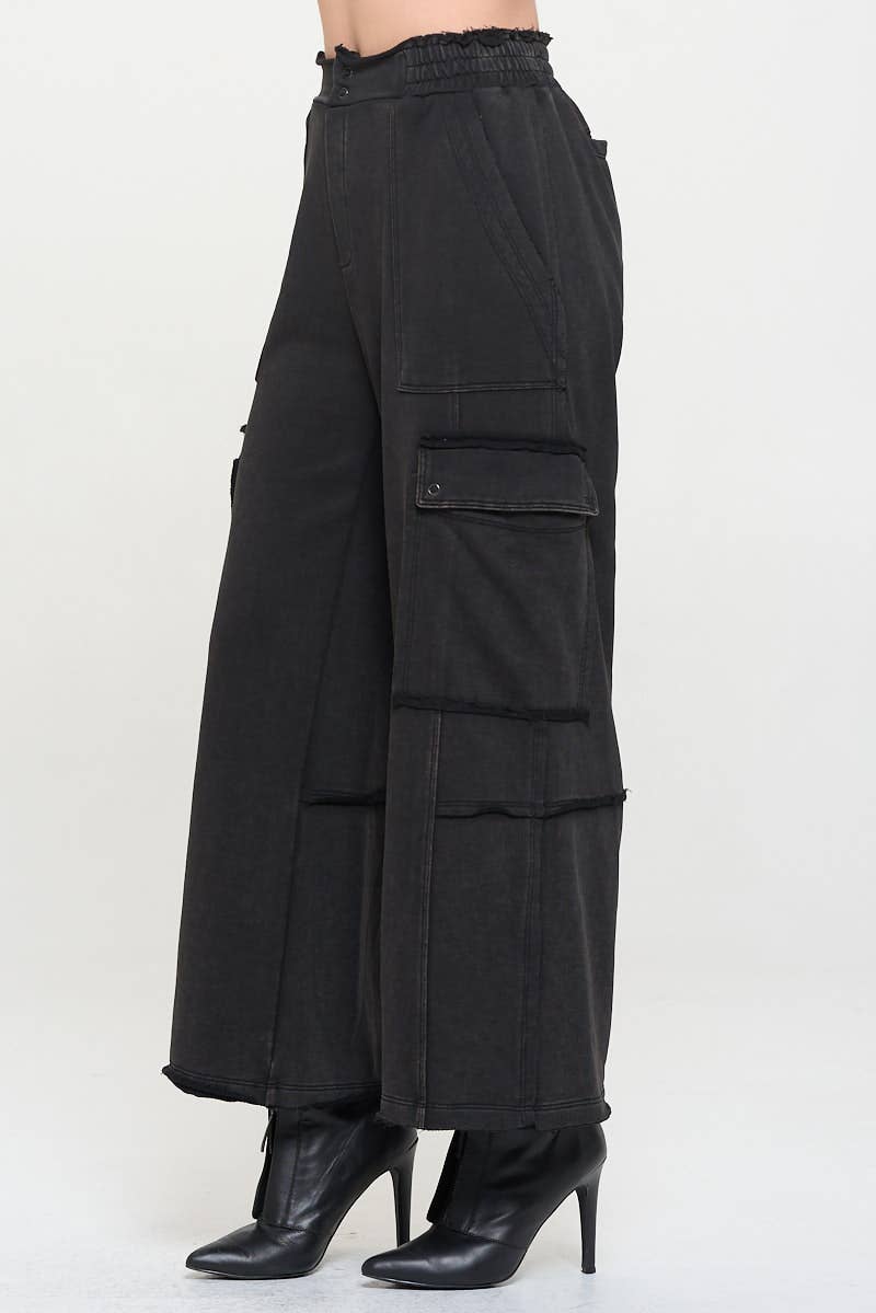Unfinished Hem High Waisted Cargo Pants