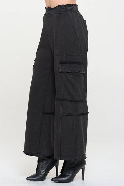 Unfinished Hem High Waisted Cargo Pants