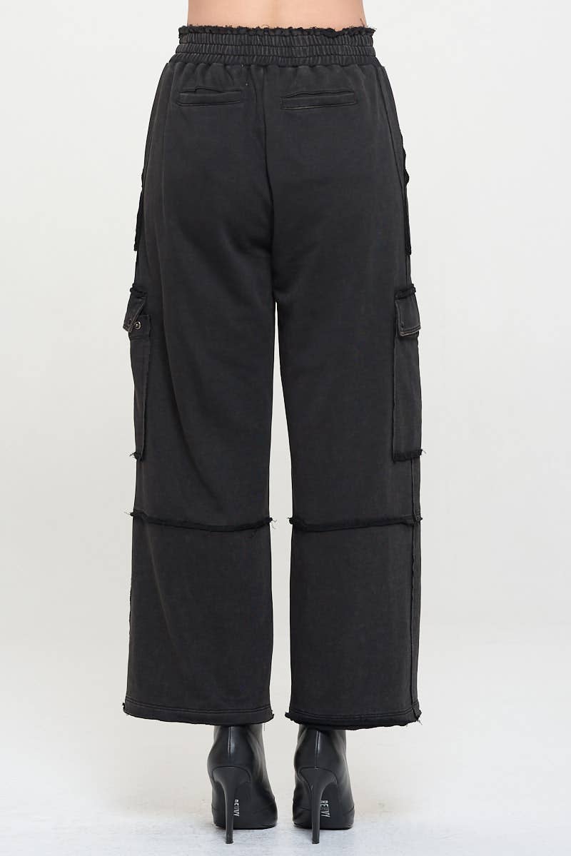 Unfinished Hem High Waisted Cargo Pants