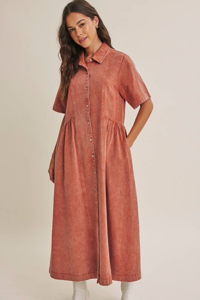 MINERAL WASH BUTTON-DOWN MIDI DRESS