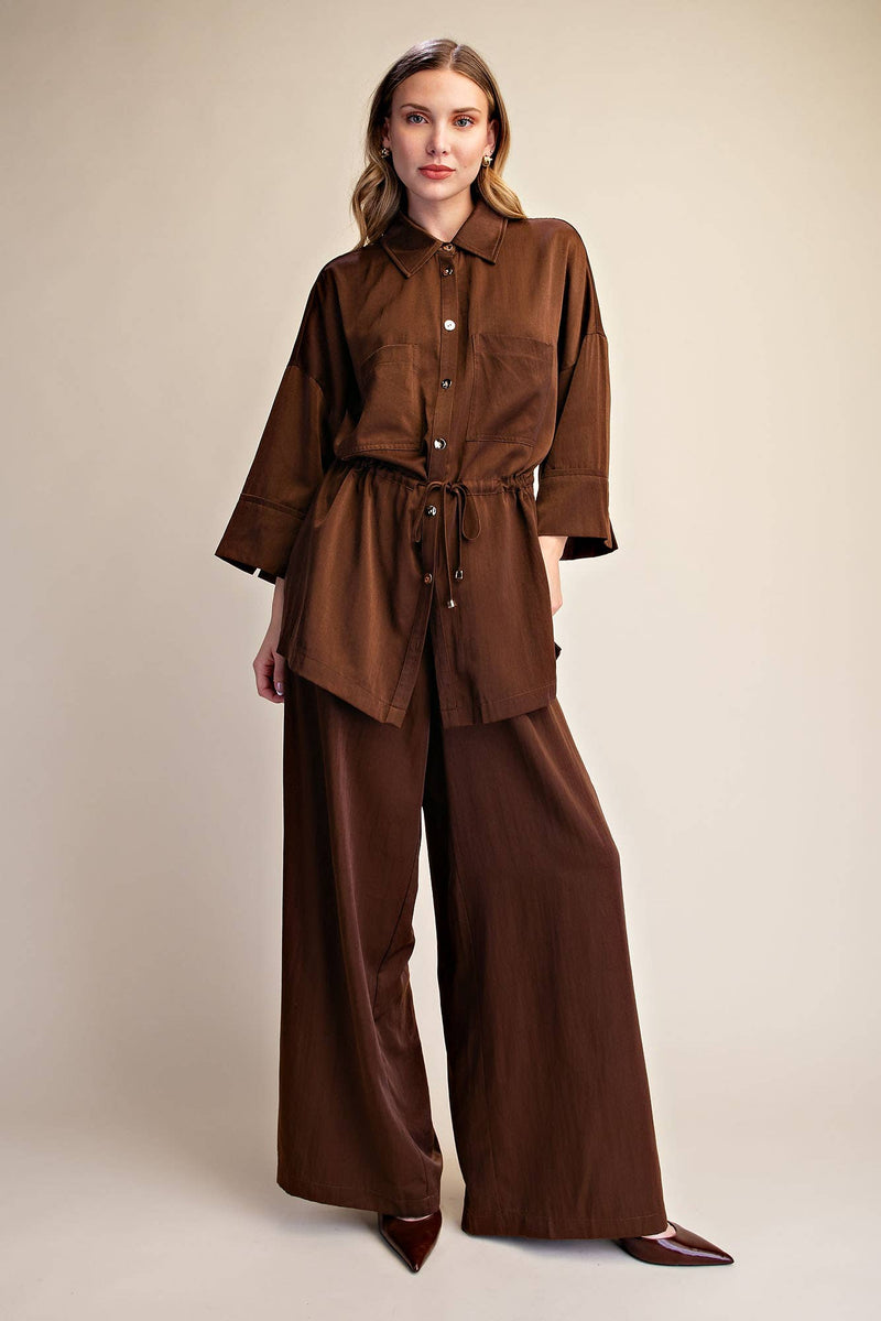 Adjustable Waist Button-Down Top (Chocolate)