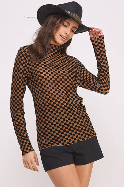 Long Sleeve Checkered Mesh Mock Neck Top