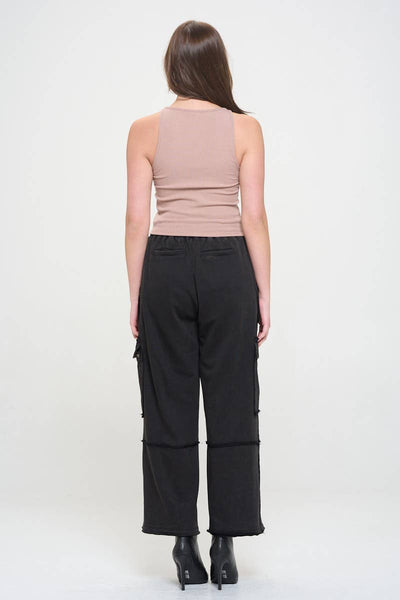 Unfinished Hem High Waisted Cargo Pants