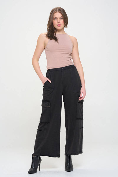 Unfinished Hem High Waisted Cargo Pants