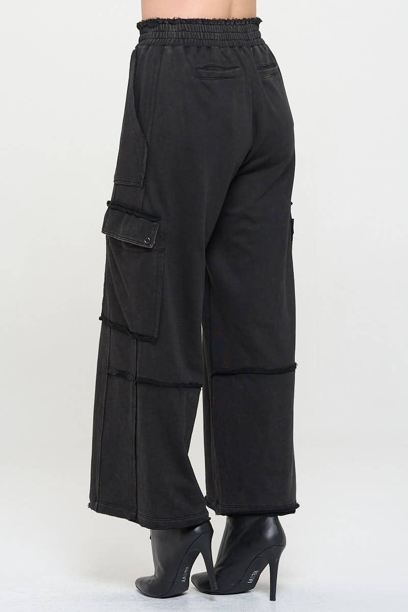 Unfinished Hem High Waisted Cargo Pants