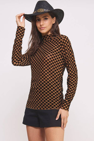 Long Sleeve Checkered Mesh Mock Neck Top