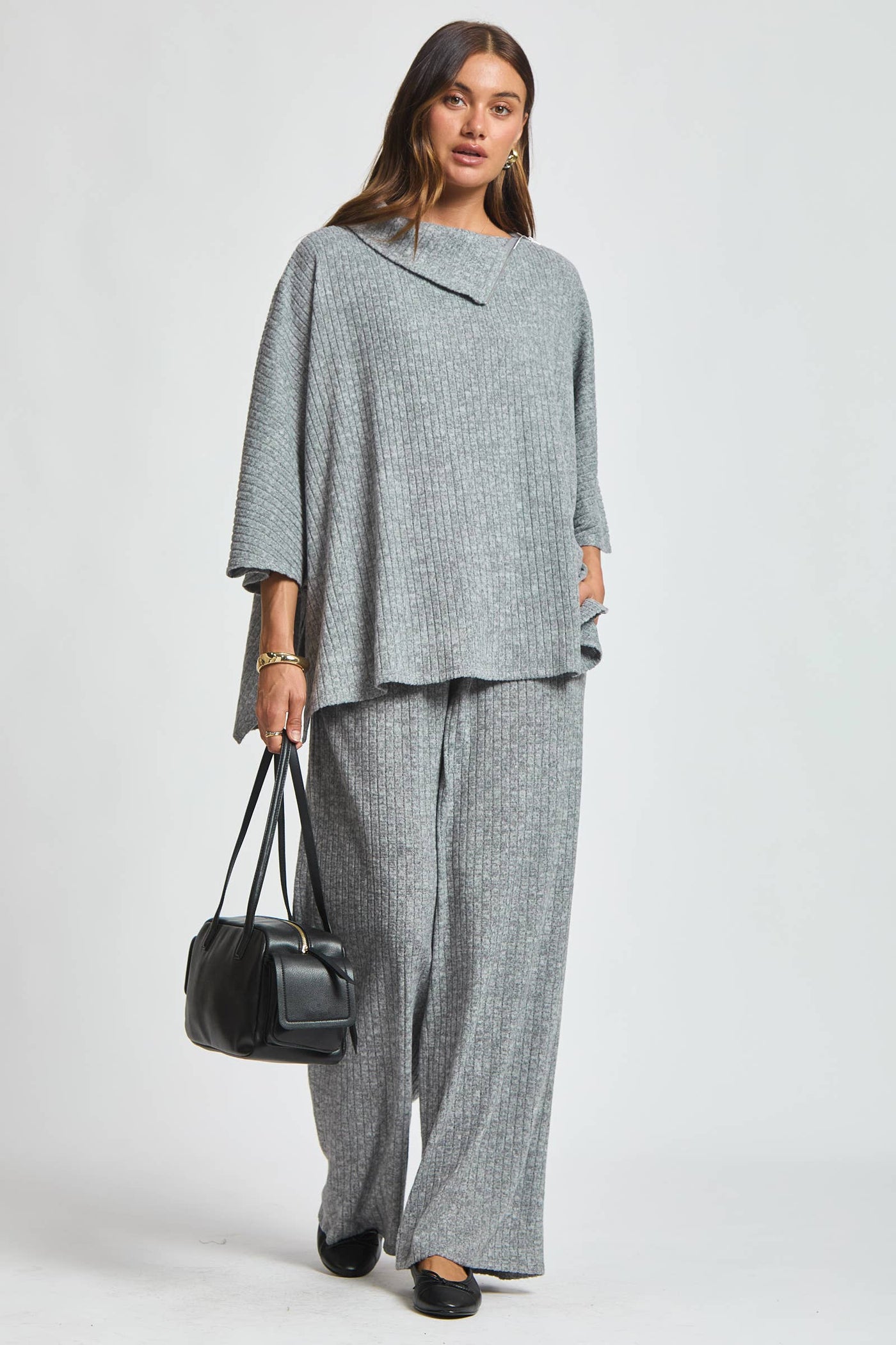 Brushed Ribbed 2-Piece Poncho & Pant Set