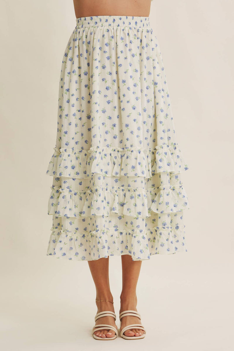 FLORAL TIERED MIDI SKIRT