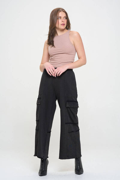 Unfinished Hem High Waisted Cargo Pants