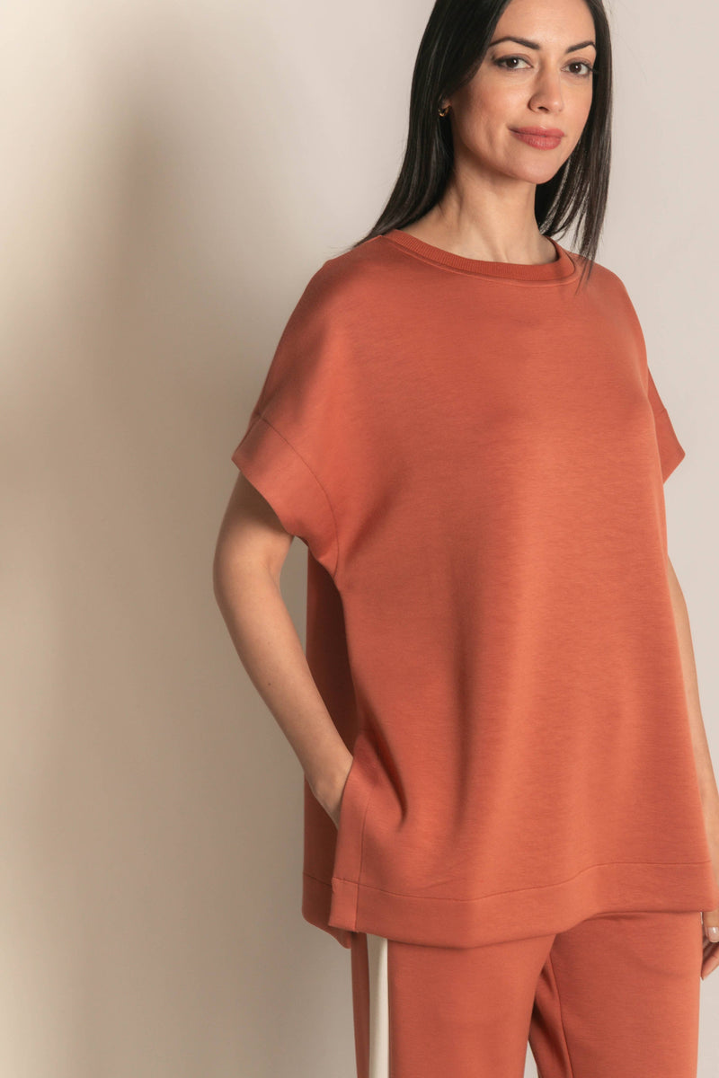 Butter Modal Contrast Rib Short Sleeve Tunic Top (Dusty Rose)
